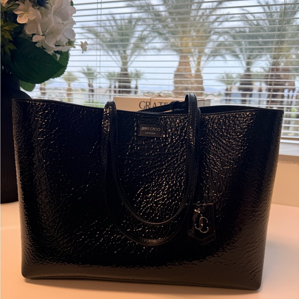 Jimmy Choo Black Patent Leather Tote with Logo Tag